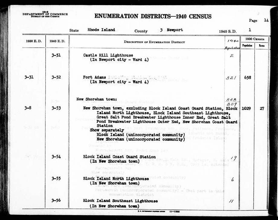 1940 Block Island Southeast Lighthouse Census
